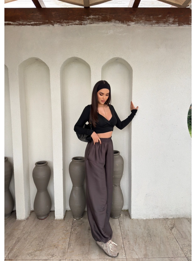 Kahverengi Saten Barrel Fit Pantolon