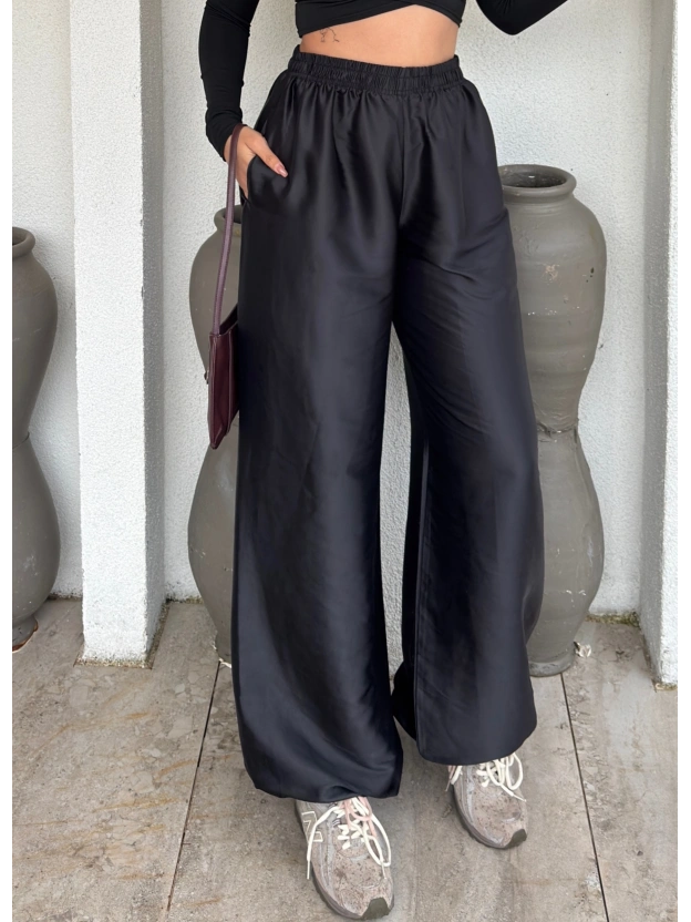 Siyah Saten Barrel Fit Pantolon