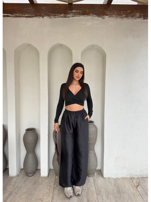 Siyah Saten Barrel Fit Pantolon