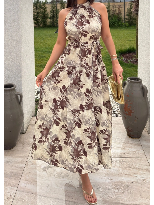 Bej Desenli Tasarım Uzun Elbise