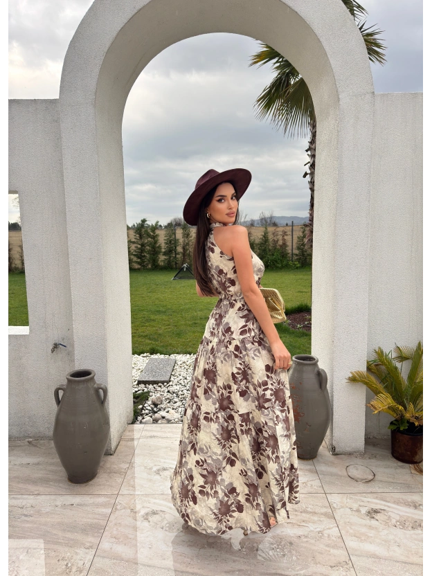 Bej Desenli Tasarım Uzun Elbise