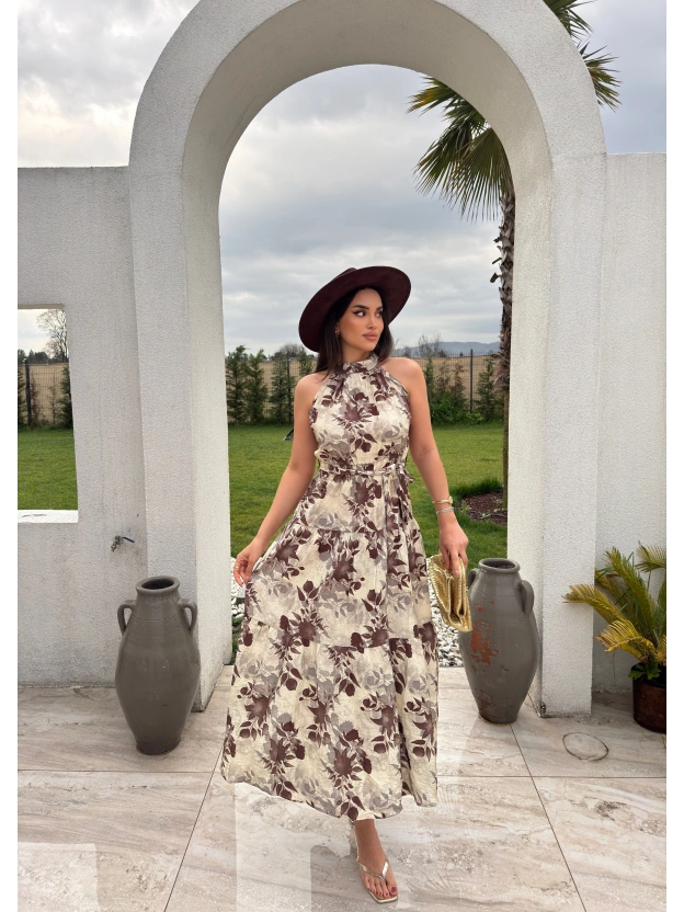 Bej Desenli Tasarım Uzun Elbise