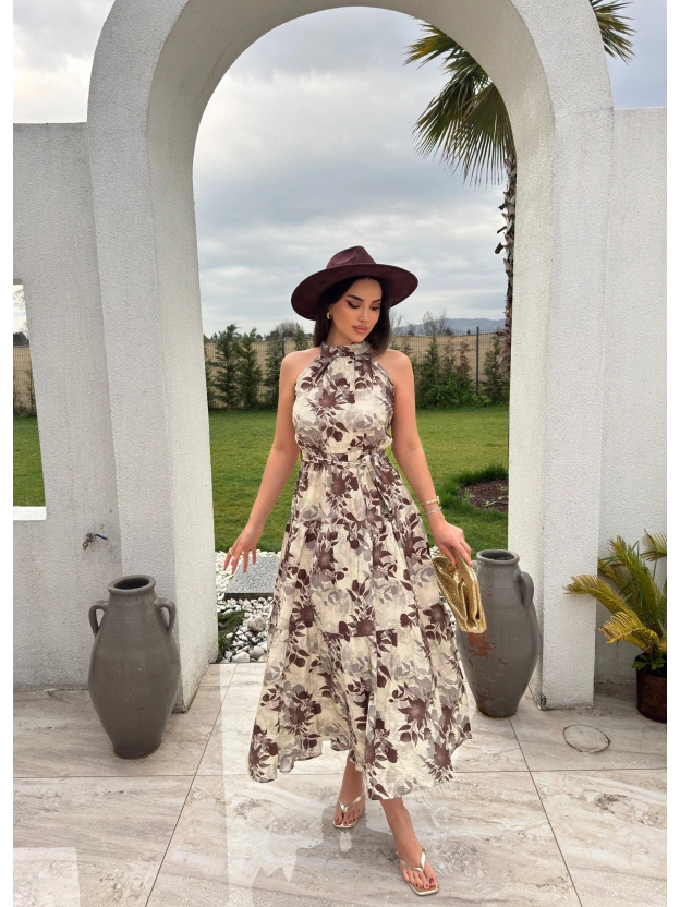 Bej Desenli Tasarım Uzun Elbise