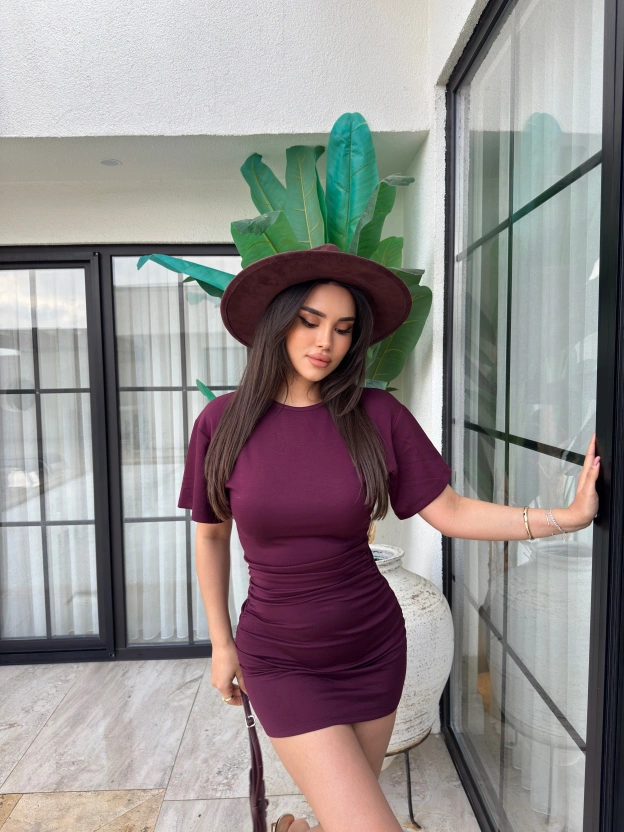 Mürdüm Drapeli Bisiklet Yaka Basic Mini Elbise