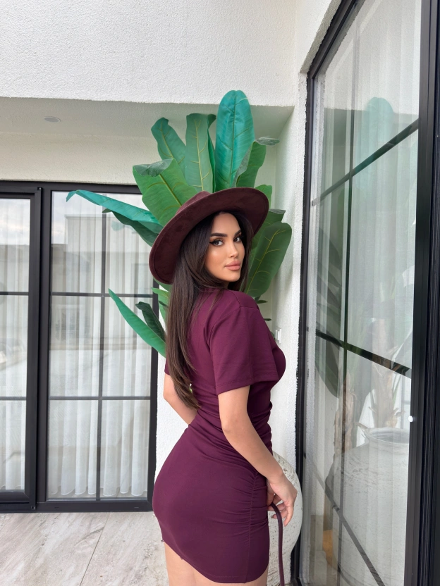 Mürdüm Drapeli Bisiklet Yaka Basic Mini Elbise