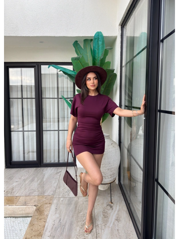 Mürdüm Drapeli Bisiklet Yaka Basic Mini Elbise