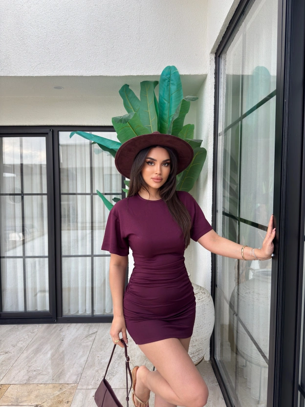 Mürdüm Drapeli Bisiklet Yaka Basic Mini Elbise