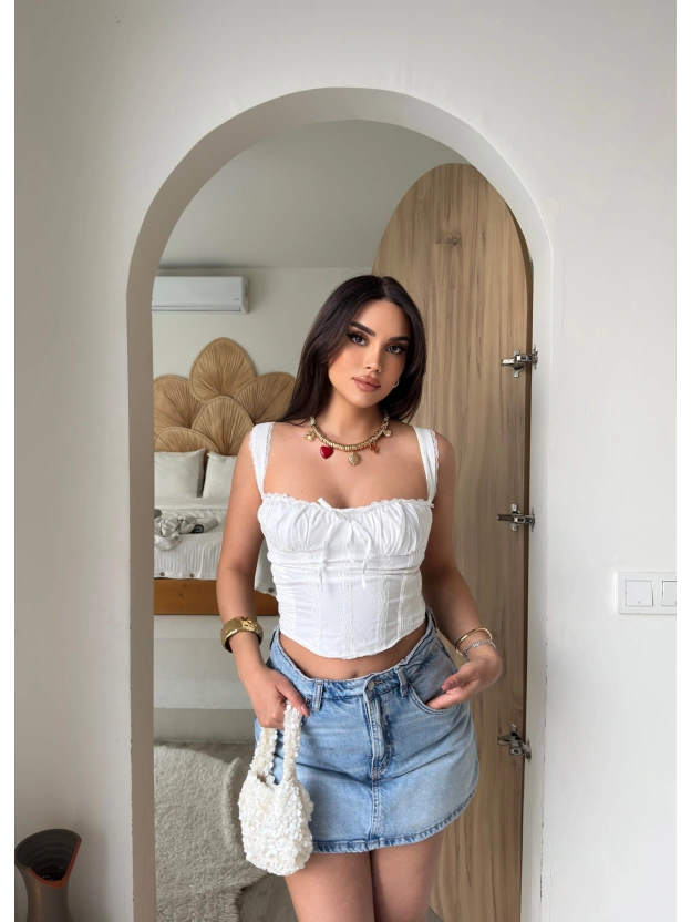 Beyaz Poplin Korse Detay Crop