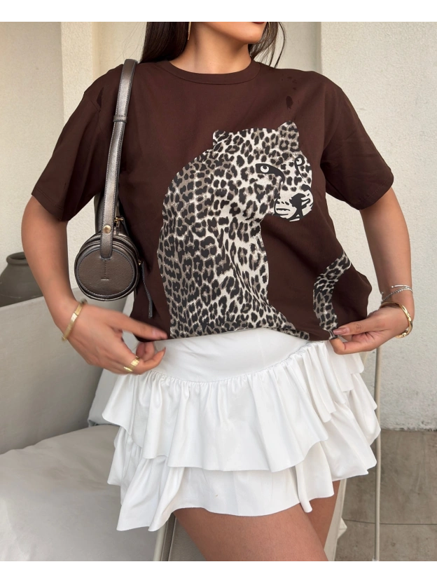 Kahverengi Leopar Baskılı Oversize Tshırt