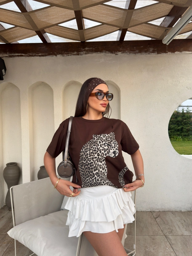 Kahverengi Leopar Baskılı Oversize Tshırt