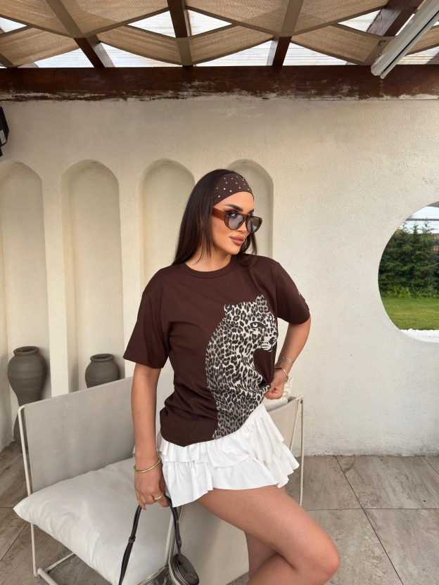 Kahverengi Leopar Baskılı Oversize Tshırt