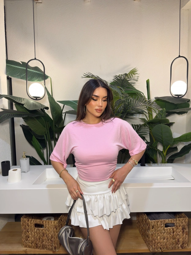 Pembe Kısa İspanyol Kol Basic Tshırt