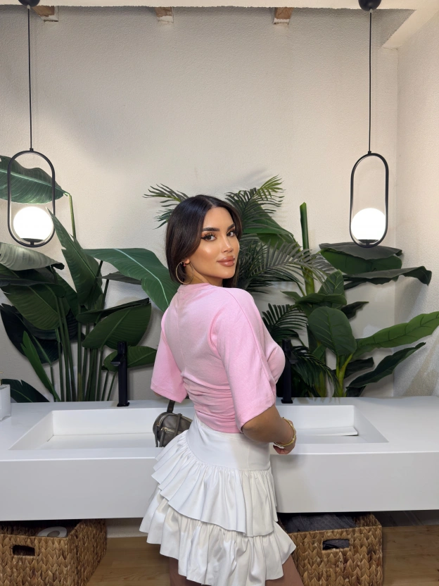 Pembe Kısa İspanyol Kol Basic Tshırt