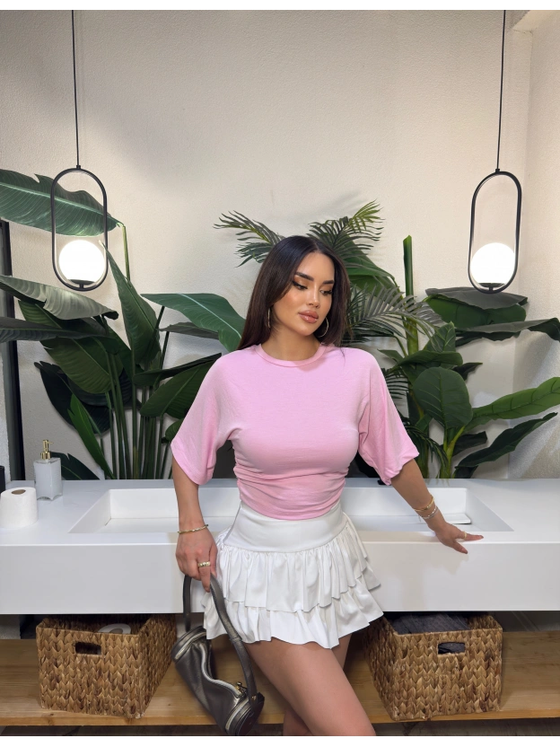 Pembe Kısa İspanyol Kol Basic Tshırt