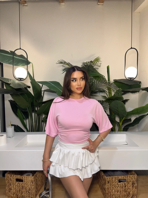 Pembe Kısa İspanyol Kol Basic Tshırt