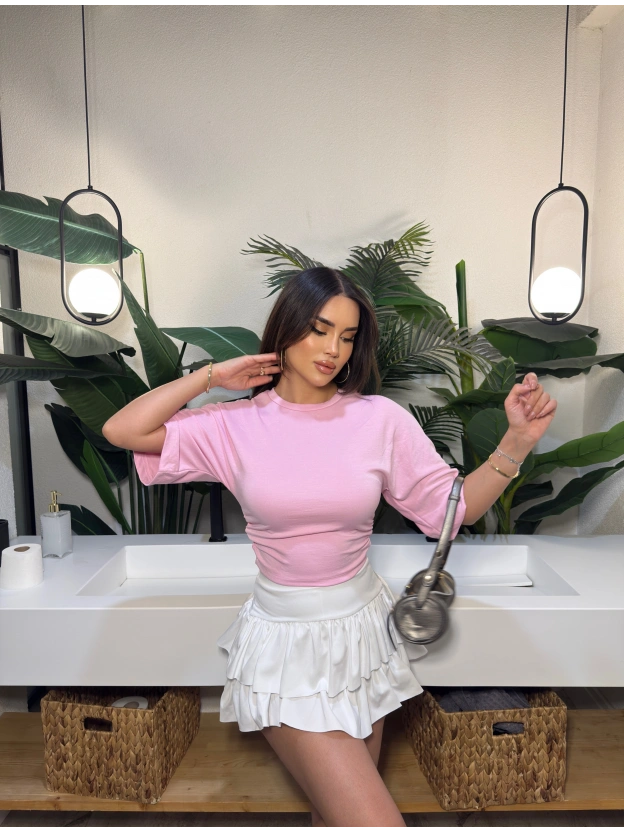 Pembe Kısa İspanyol Kol Basic Tshırt