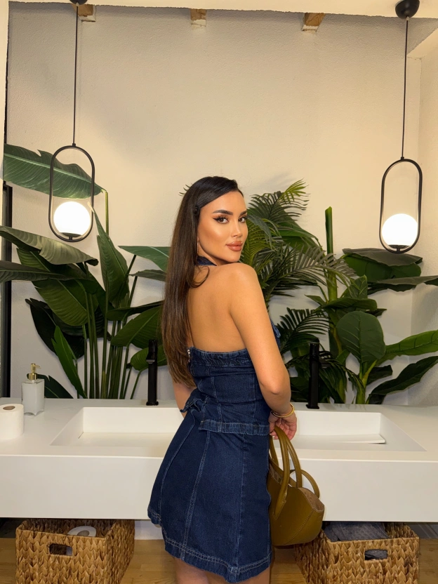 Denim Boyundan Geçirmeli Crop Etek Takım