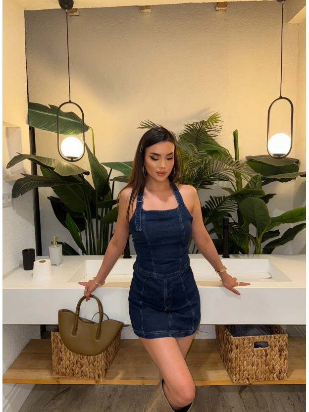 Denim Boyundan Geçirmeli Crop Etek Takım