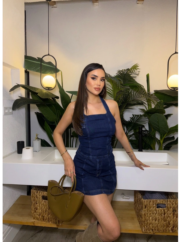 Denim Boyundan Geçirmeli Crop Etek Takım