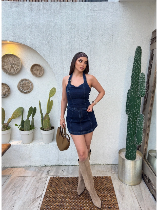 Denim Boyundan Geçirmeli Crop Etek Takım