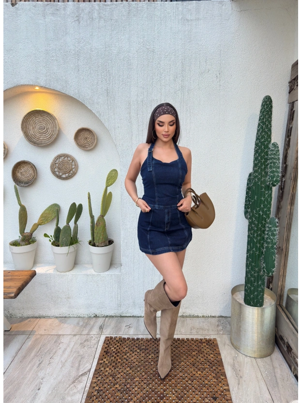Denim Boyundan Geçirmeli Crop Etek Takım