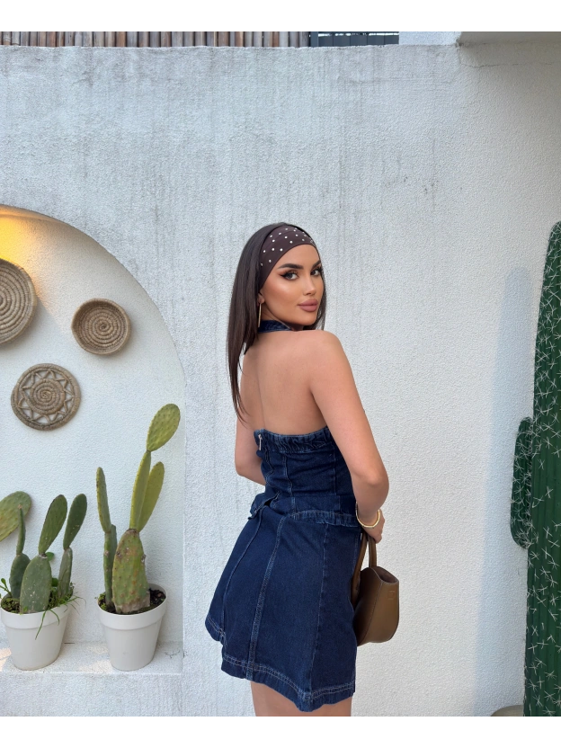 Denim Boyundan Geçirmeli Crop Etek Takım