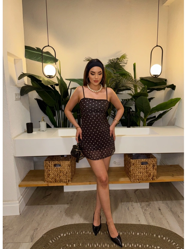 kahverengi Puantiyeli Askılı Mini Elbise