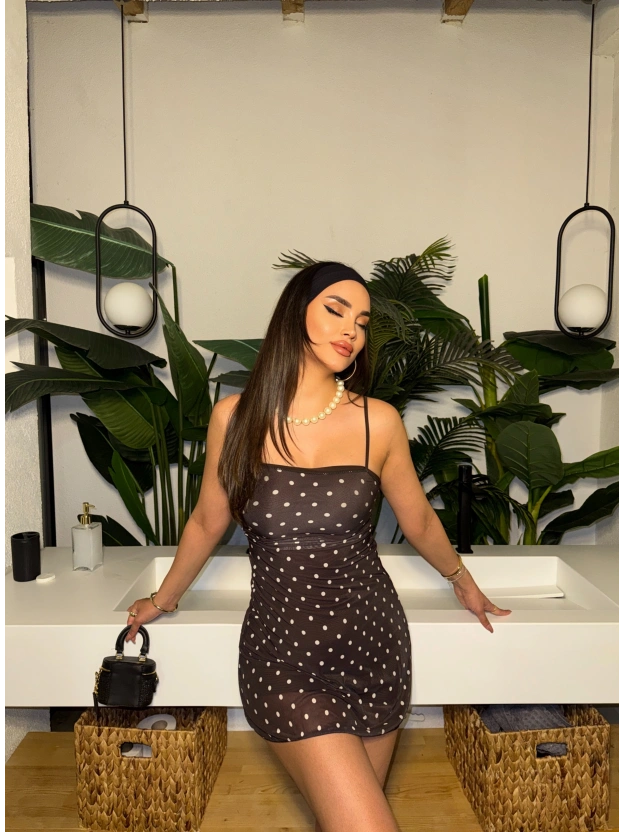 kahverengi Puantiyeli Askılı Mini Elbise