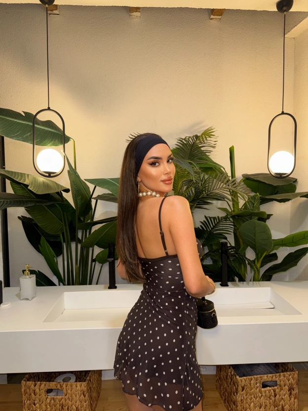 kahverengi Puantiyeli Askılı Mini Elbise