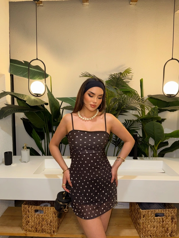 kahverengi Puantiyeli Askılı Mini Elbise