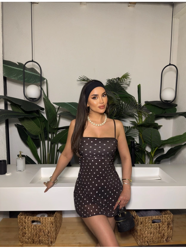 kahverengi Puantiyeli Askılı Mini Elbise