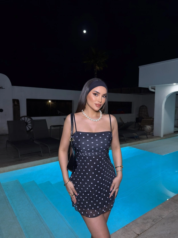 Siyah Puantiyeli Askılı Mini Elbise