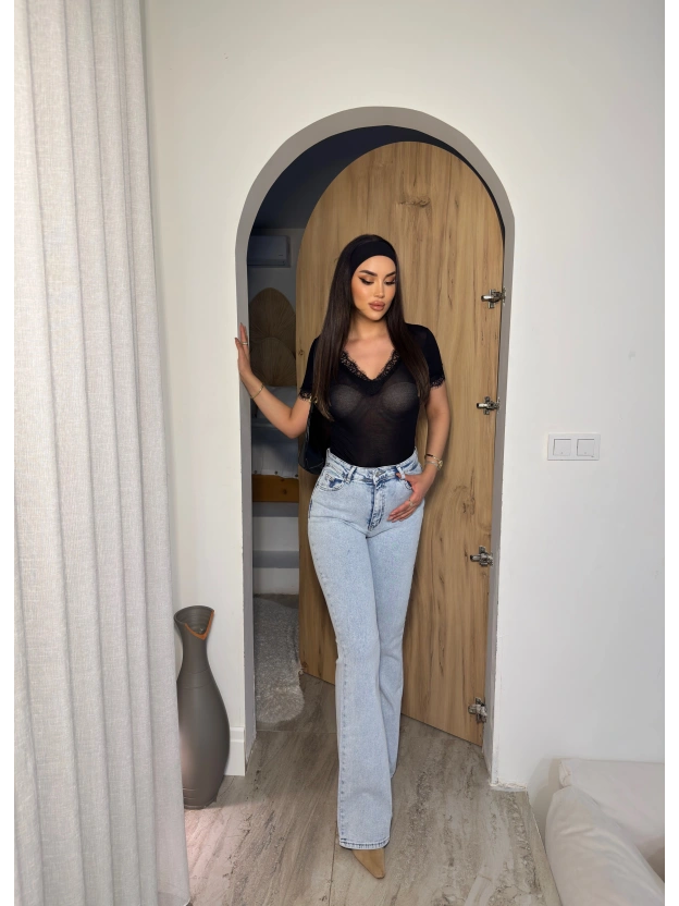 Buz Mavisi İspanyol Paça Yüksek Bel Jean