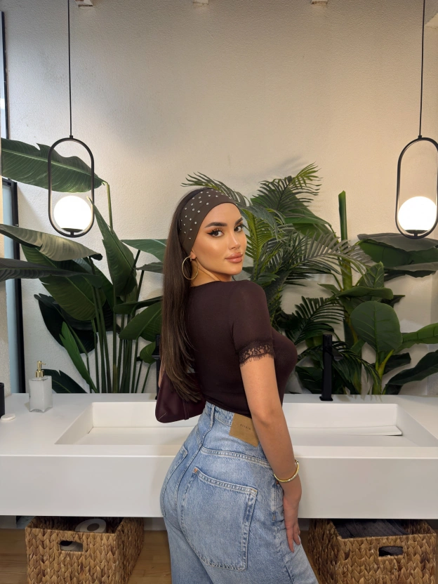 Kahverengi Transparan V Yaka Kısa Kol Dantel Bluz