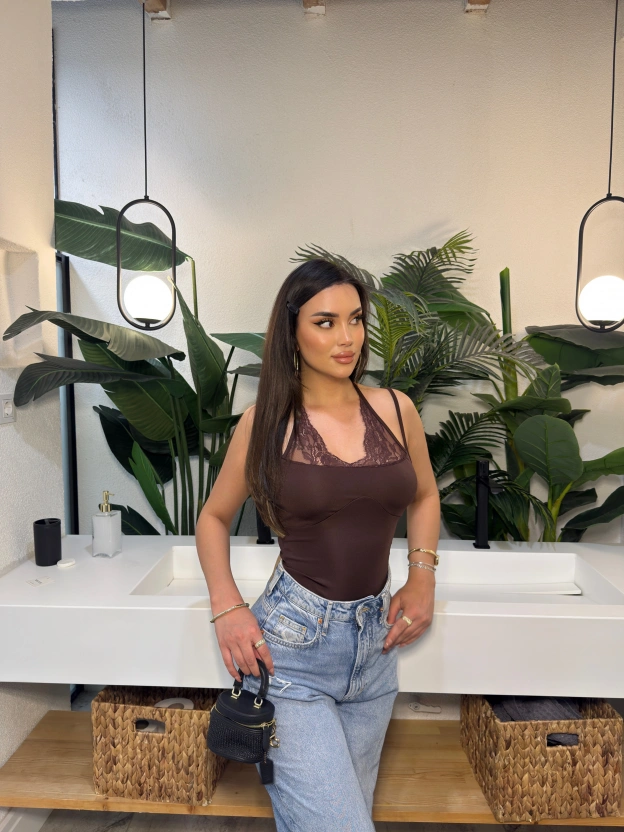 Kahverengi Zra Dantel Detay Bodysuit