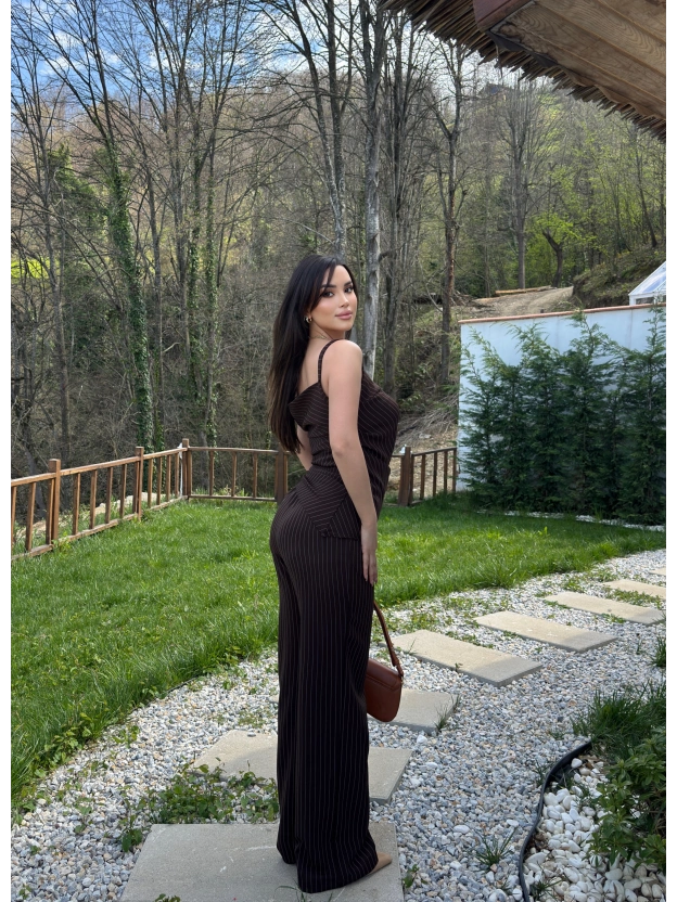 Kahverengi Çizgili Düşük Omuz Double Kumaş Takım