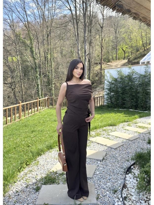 Kahverengi Çizgili Düşük Omuz Double Kumaş Takım