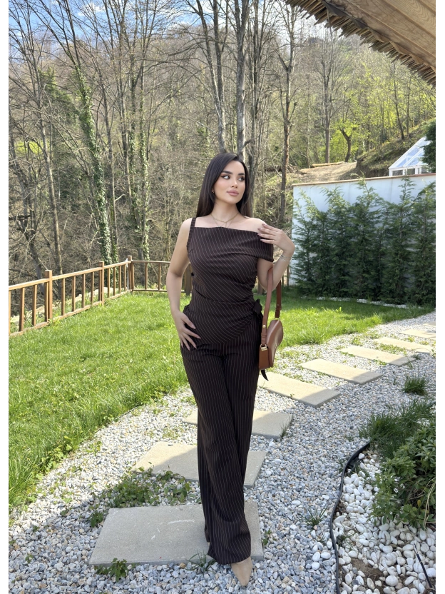 Kahverengi Çizgili Düşük Omuz Double Kumaş Takım