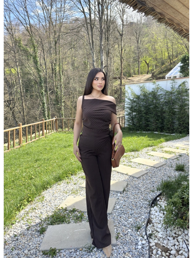 Kahverengi Çizgili Düşük Omuz Double Kumaş Takım