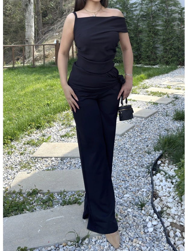 Siyah Düşük Omuz Double Kumaş Takım