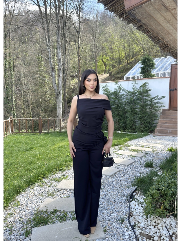 Siyah Düşük Omuz Double Kumaş Takım