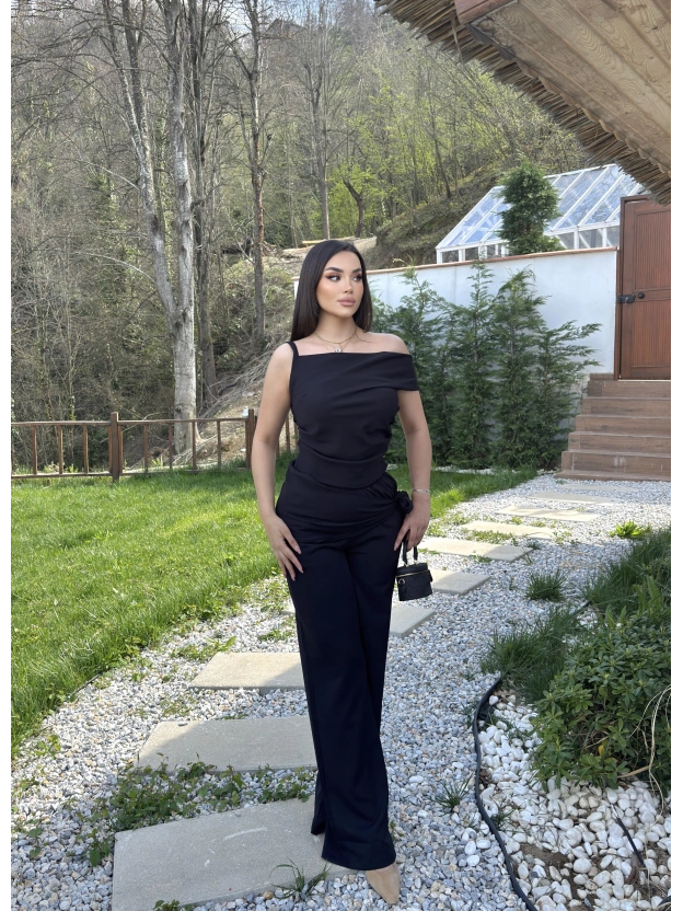 Siyah Düşük Omuz Double Kumaş Takım