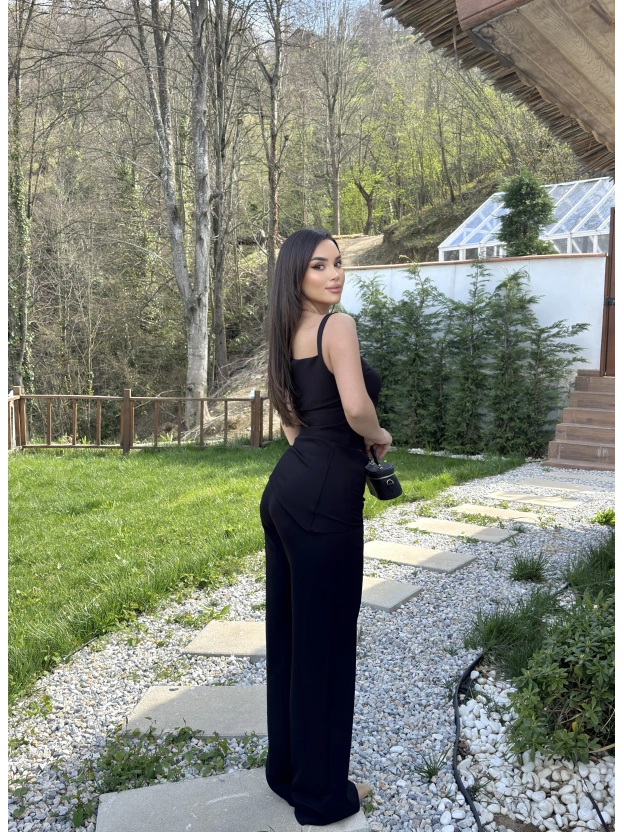 Siyah Düşük Omuz Double Kumaş Takım