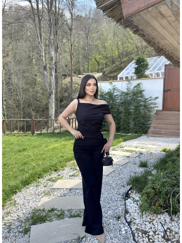 Siyah Düşük Omuz Double Kumaş Takım