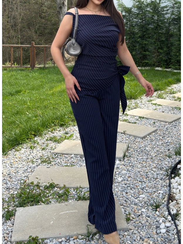 Lacivert Çizgili Düşük Omuz Double Kumaş Takım