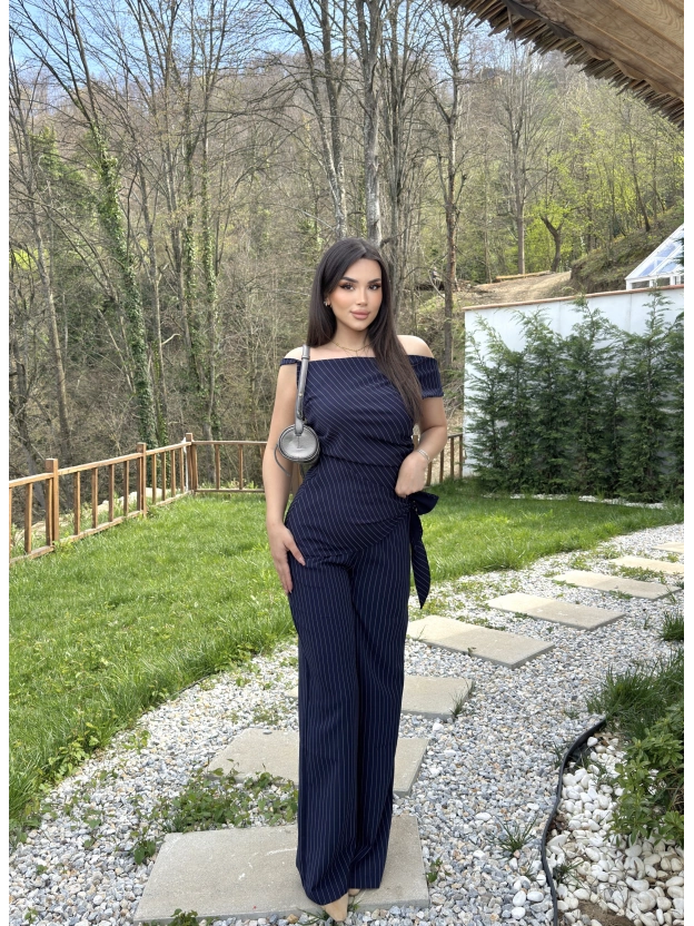 Lacivert Çizgili Düşük Omuz Double Kumaş Takım