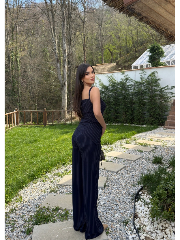 Lacivert Çizgili Düşük Omuz Double Kumaş Takım