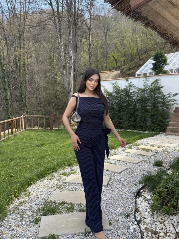 Lacivert Çizgili Düşük Omuz Double Kumaş Takım