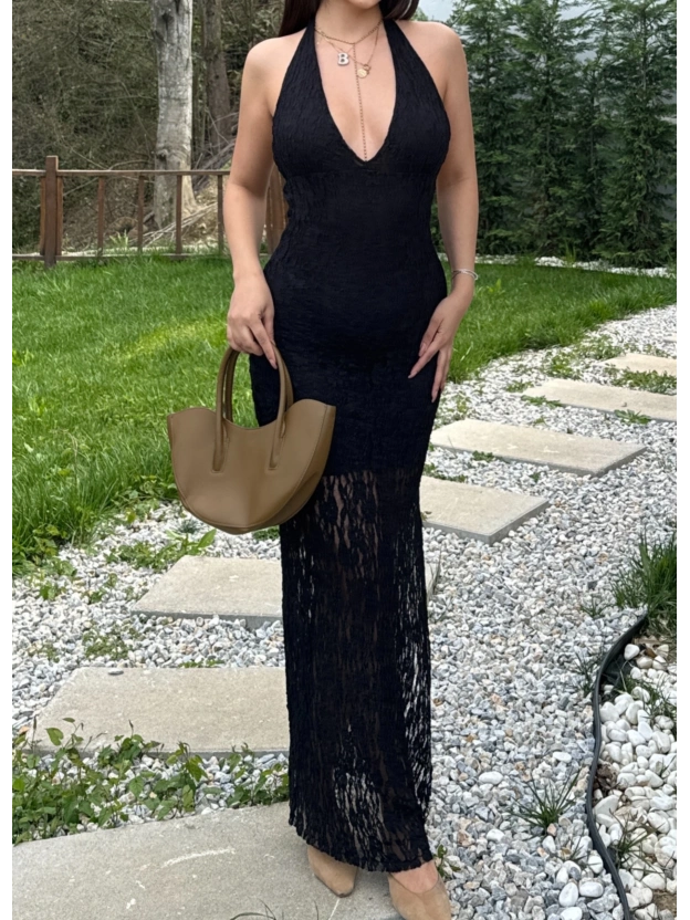 Siyah Boyundan Bağlamalı Çan Dantel Elbise