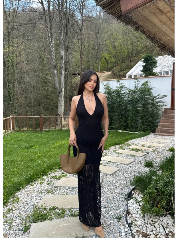 Siyah Boyundan Bağlamalı Çan Dantel Elbise